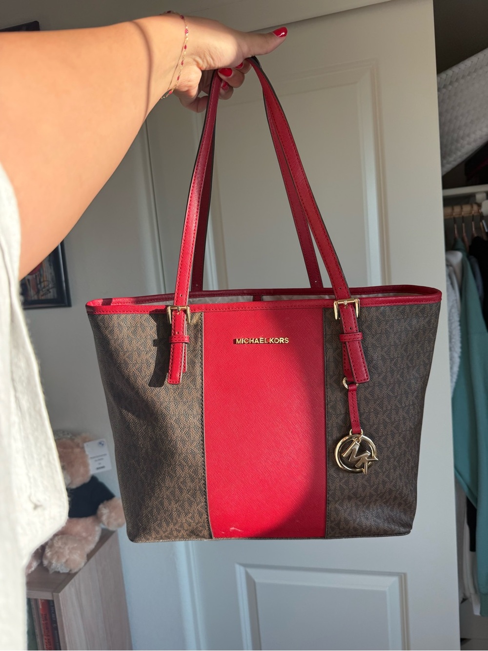 Michael Kors Brown MK Logo Tote with Red Leather Center